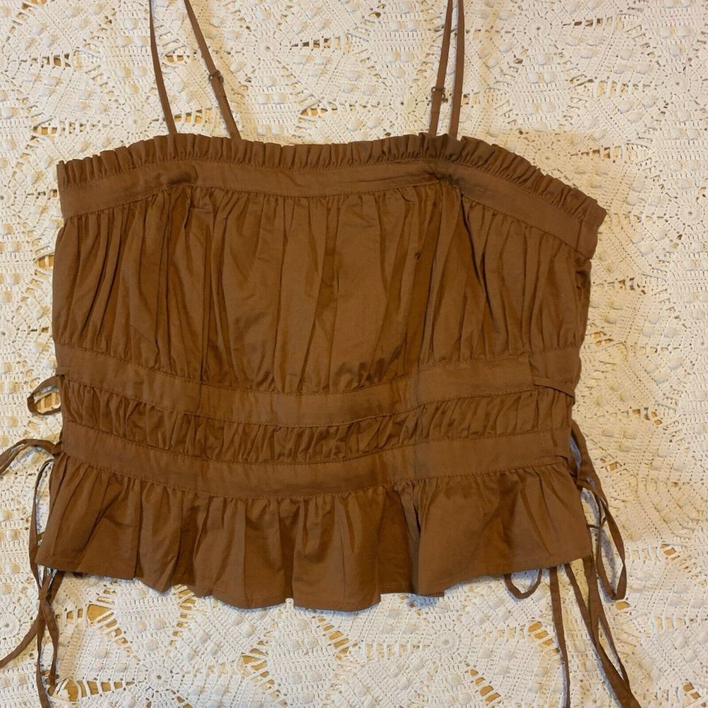 Free People Brown Ruffle Crop Top Tank - Medium - Side Ties Boho Faire (125)